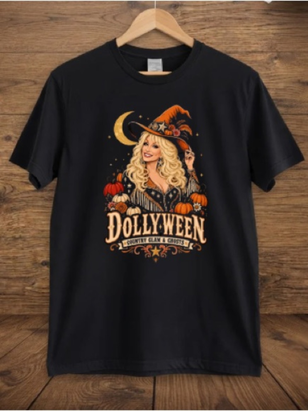 Dollyween Country Glam & Ghosts Dolly Parton Witch Pumpkins Moon Vintage T-Shirt